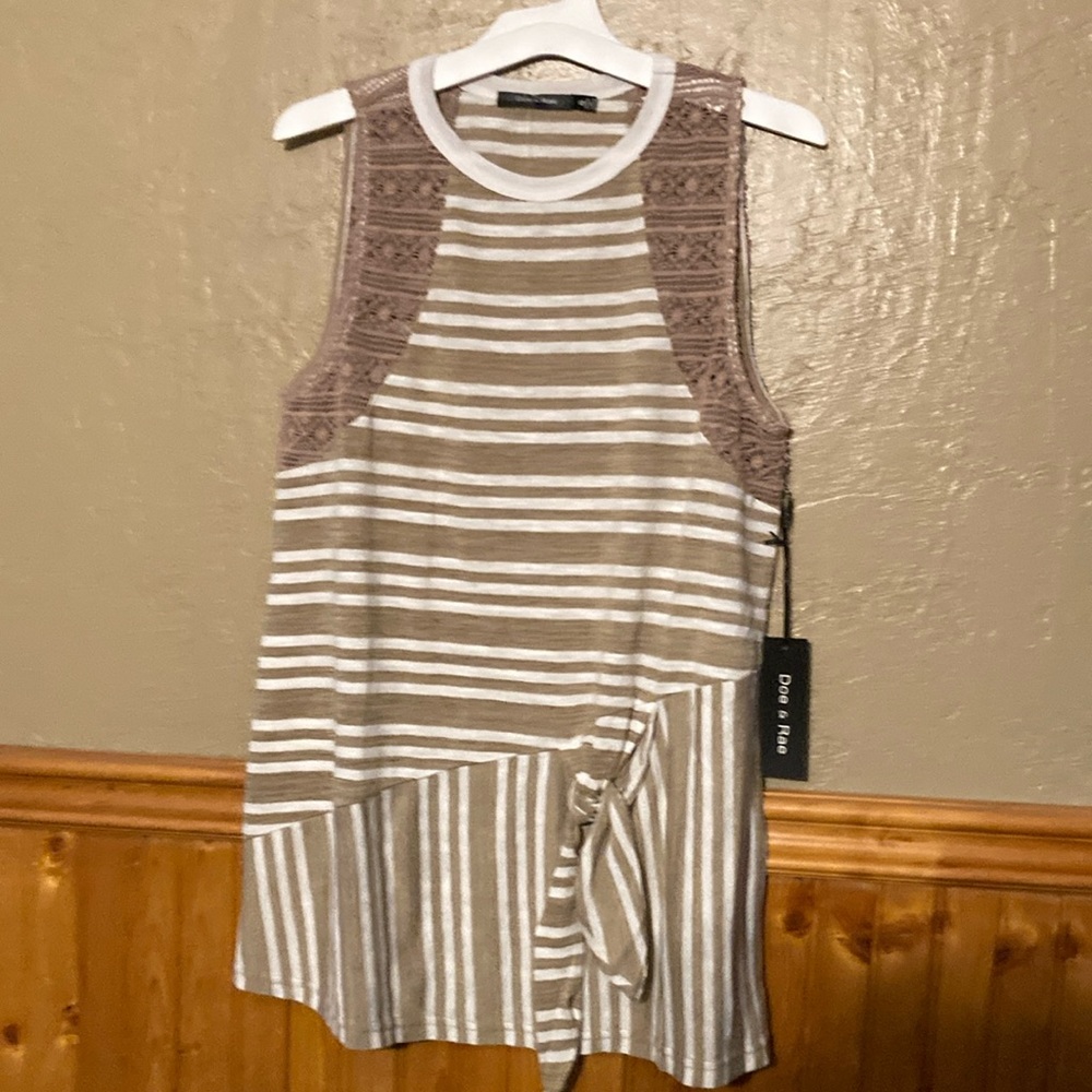 Doe & Rae Brown and White Striped Top with Lace Detail